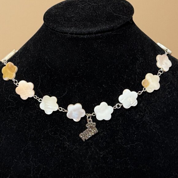 Mother of Pearl Flower Beaded Short Necklace + Cat Person Paw Print Pendant - Picture 3 of 13